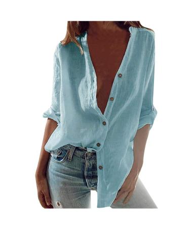 aihihe Button Down Shirts for Women Plus Size Long Sleeve Boyfriend Style Shirts Oversize Loose Fit Blouses Tops 6 Light Blue