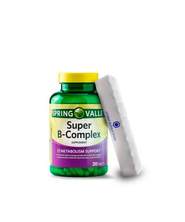 Spring Valley Super Vitamin B Complex Tablets Dietary Supplement B Complex - 250 Count + 7 Day Pill Organizer Included (Pack of 1) 250 Count (Pack of 1)
