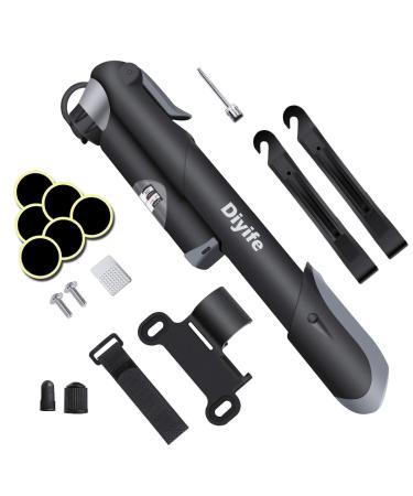 Bike Pump, 120 PSIPerfect Full Set Diyife Mini Bicycle Pump with Gauge, Ball Pump with Needle, Glueless Patch Kit, Cycle Valve Caps and Frame Mount for Road, Mountain & BMX Fits Presta & Schrader Black