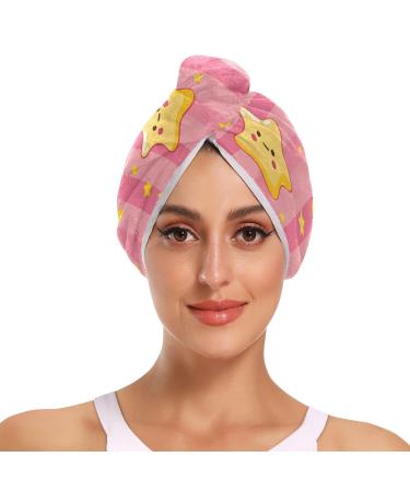 Kawaii Soft Yellow Stars on Pink Stripe Hair Towel 2 Pack Super Absorbent Hair Drying Towel Quick Dry Hair Turbans Head Towel with Button Twisty Wrap for Women Girls