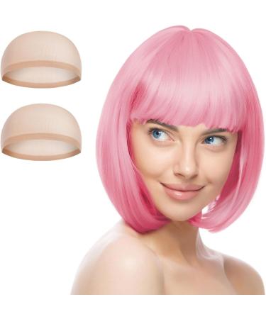 AOMIG Short Bob Wig for Women 3 Pack Short Pink Bob Wigs Set with 2 Wig Cap Neon Fancy Dress Accessory Cosplay Party Wig Synthetic Straight Wig for Daily Halloween Decorations Pink/B - Buy Online on GoSupps.com
