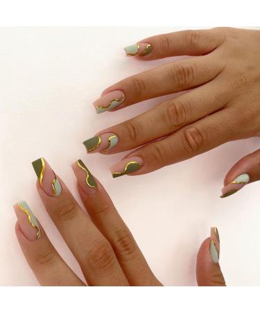 Press on Nails Short Medium Coffin DOCVOEOMH  Green Fake Nails Kit with Abstract Doodles+Gold Glitter Design  Lavish Acrylic Glue on False Nail Stick on Nails for Women Gifts Reusable Full Cover Gel Nails-24PCS