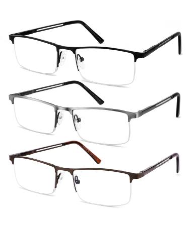 JJWELL 3 Pack Blue Light Reading Glasses for Men, Lightweight Metal Rectangle Semi Rimless Readers for Men, Anti Eyestrain/ Computer Glare/ UV, Half Frame Spring Hinge Eyeglasses with Pouches(4.00) Black Gunmetal Brown 4.0 x