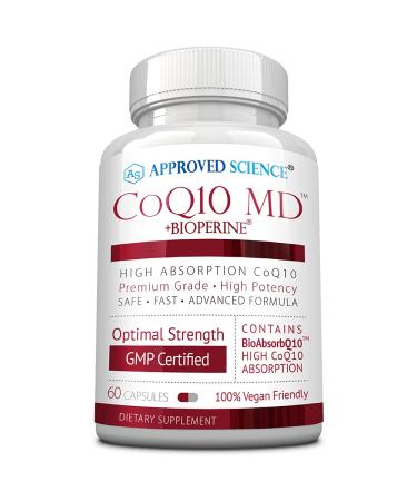 Approved Science CoQ10 MD - Extra Strength 250mg Pure CoQ10 with BioPerine for Faster Absorption - Optimal Support 60 Vegan Capsules 60 Count (Pack of 1)