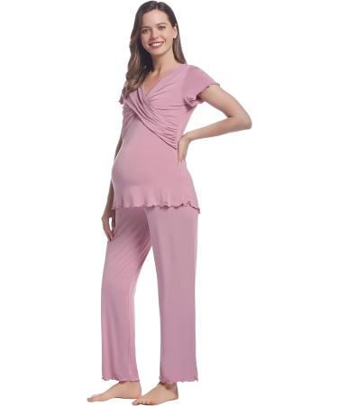 Women Maternity Pyjama Set XL Dusty Rose | Short Sleeve Tops & Long Pants | Summer Cool Moisture Wicking | Pregnancy to Postpartum Sleepwear - Buy Online on GoSupps.com
