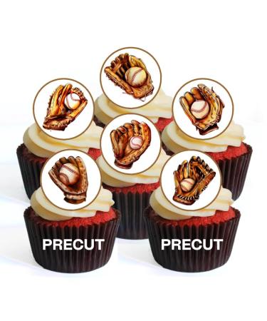 PRECUT Baseball Edible Cupcake Toppers - Baseball Glove Theme #2 Premium Thickness SWEETENED VANILLA - wafer card disc cake decorations (Pack of 24)