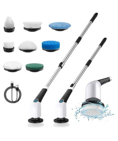 Electric Spin Scrubber, Leebein 2023 Cordless Cleaning Brush with 8 Replaceable Brush Heads & Adjustable Extension Handle & 3 Rotating Speeds, Power Cleaning Brush for Bathroom/Tub/Floor/Tile/Car White