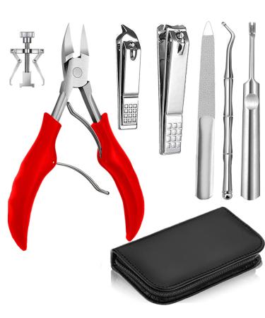 7 PCS Thick Ingrown Toenail Clipper Kit with Nail Clippers Toenail Lifter Cuticle Cutter Nail File Toenail Corrector PU Leather Case for Ingrown Thick Hard Toe Nail Fingernail Red