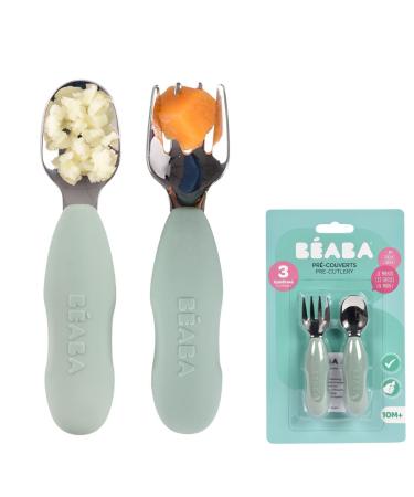 B aba 2 Set stainless steel and silicone pre-set baby cutlery children's cutlery from 10 months ergonomic shape ergonomic handle baby learning cutlery Sage greenen
