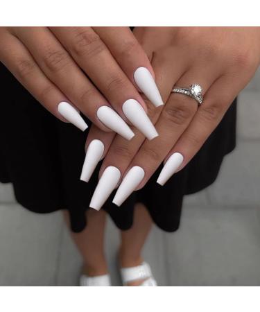 Florry Coffin Extra Long Fake Nails Ballerina Press on Nails Matte Acrylic Nails for Women and Girls 24Pcs (White)