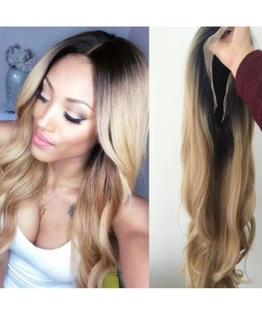 Dark Root Heat Resistant Ombre Blonde Body Wave Synthetic Lace Front Wig for Women | Two Tone Drag Queen Cosplay Hair - Buy Online on GoSupps.com