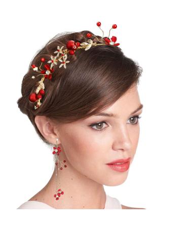 Drokit Red Flower Tiara Bridal Headpiece and Earrings Set - Wedding Hair Jewelry and Accessories - Buy Online on GoSupps.com