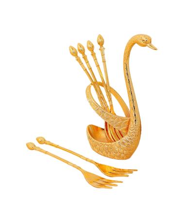 Swan Dinnerware Set Swan Base Holder Alloy Fruit Ice Cream Cake Dessert Flatware Set Swan Spoon Organizer for Hotel Kitchen Party Home Decor with Argent fork/816 (Color : with Gold Forks)