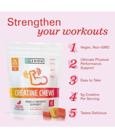 Zhou Nutrition Sugar-Free Creatine Monohydrate Chewables 5g - Organic Non-GMO Pink Lemonade Gummies for Men & Women | 60 Count - Buy Online on GoSupps.com