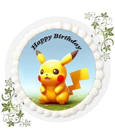 Birthday Cake Picture with Pikachu Pokemon Motif: Edible Photo for Cakes Cake Image Cake Topper Diameter 20 cm Food Paper Pikachu Pokemon No. 19