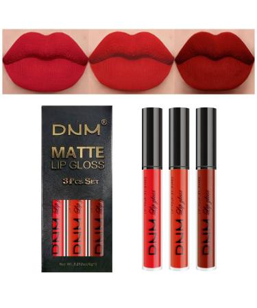 DNM 3Pcs Dark Ruby Red Matte Liquid Lipstick Lip Stain Lipgloss sets for Women, 24 Hour Red Matte Lipstick Long Lasting Smudge Proof Lip Stick Packs Matte labiales rojos matte larga duracion 24 05 0.21 Fl Oz (Pack of 3) A-…