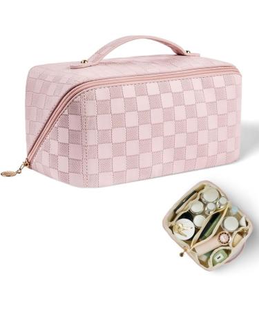 Aucuu Large Capacity Travel Cosmetic Bag for Women Girls PU Leather Waterproof Layered Storage Makeup Bag with Handle Portable Travel Organizer (Checkered Pink) #15 Pink-15 - Buy Online on GoSupps.com