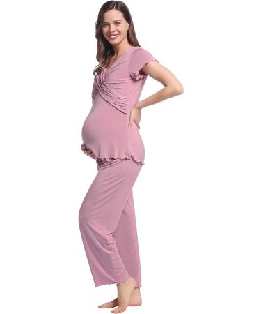 Women Maternity Pyjama Set XL Dusty Rose | Short Sleeve Tops & Long Pants | Summer Cool Moisture Wicking | Pregnancy to Postpartum Sleepwear - Buy Online on GoSupps.com