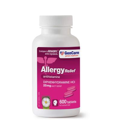 GenCare - Allergy Relief Medicine | Antihistamine Diphenhydramine 25mg (600 Tablets Per Bottle) Value Pack | Relieve for Itchy Eyes, Sneezing, Runny Nose | Seasonal or Indoor & Outdoor Allergies 600 Count (Pack of 1)