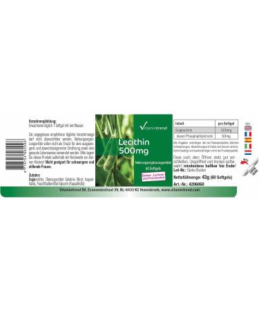 Lecithin 500 mg - 60 Softgels | Standardized 10% Phosphatidylcholine | Safe Dosage | Buy Online at Vitamintrend - International Shipping Available - Buy Online on GoSupps.com
