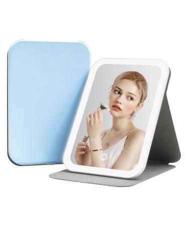 CORROY Travel Makeup Mirror - Rechargeable Folding Lighted Makeup Mirror with 3 Colors Lighting  Type-C Charging Desk Vanity Makeup Mirror for Travel  Blue