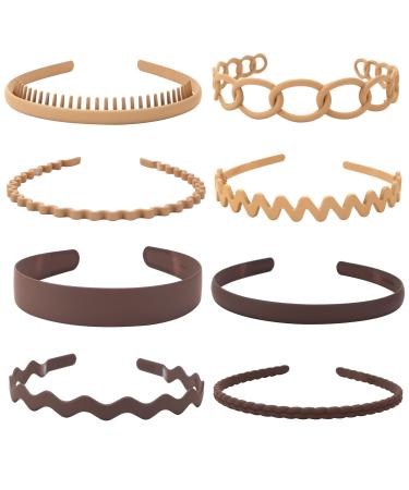 Unisex Hair Band 8Pcs Plastic Headband with Teeth Head Bands Combing Hairbands Wavy Outdoor Sports Headbands for Men's Hair Band Hoop Clips Women Accessories Non Slip Head Band Headwear Khaki and Coffee