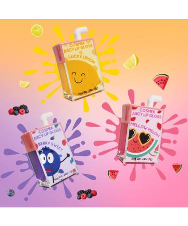 Cosmek Juicy Lip Gloss - Fruit Scented (Watermelon, Lemon, Mixed Berries) | Slight Tint, Glitter Shimmer | Vegan, Cruelty-Free, Gluten-Free | Made in USA - Great for Gifts, Stocking Stuffers, Party Favors - Buy Online on GoSupps.com