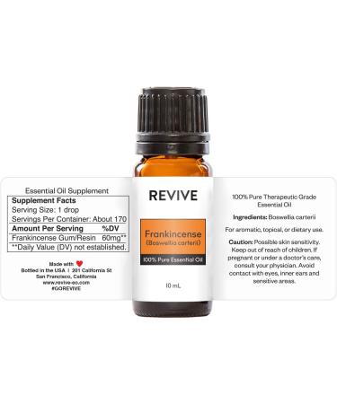 100% Pure Frankincense Boswellia Carterii Essential Oil 10mL by REVIVE - Therapeutic Grade for Aromatherapy Massage & Skin Care - Cruelty Free Unrefined No Fillers - Buy Online on GoSupps.com
