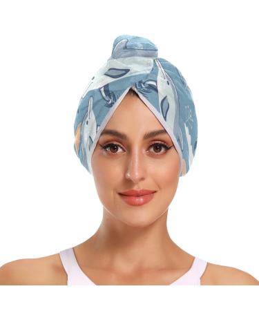 Lovely Dolphins Hair Towel 2 Pack Super Absorbent Hair Drying Towel Quick Dry Hair Turbans Head Towel with Button Twisty Wrap for Women Girls