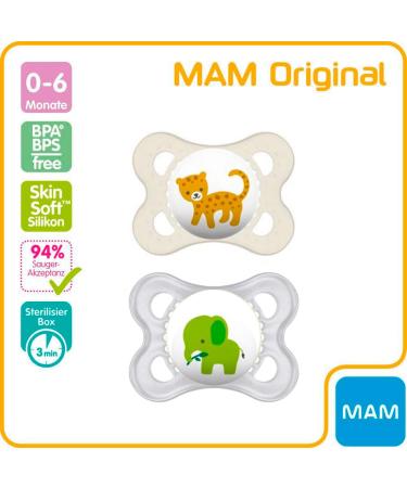 MAM Original Skin Soft Silicone Pacifier Set for 0-6 Months - 6 Pacifiers with 3 Sterilization Transport Boxes - International Shipping Available - Buy Online on GoSupps.com