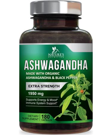 Organic Ashwagandha 1950mg - Stress Support Supplement Made with Black Pepper & Natural Ashwagandha Root - Mood Support & Immune Support - Vegan, Non-GMO - 180 Capsule 180 Count (Pack of 1)