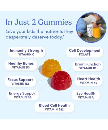 FIRST DAY Kids Multivitamin Gummies - Organic Fruits Essential Vitamins A D3 B6 B12 C K2 - Supports Growth Brain Function & Immunity - 30 Day Supply 60 Count - Low Sugar - Buy Online on GoSupps.com