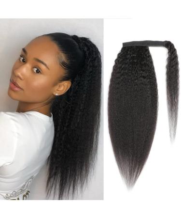 AIKAUR Wrap Around Ponytail Human Hair Kinky Straight Extensions  Real Hair with Wrap Around Magic Tape  Thick Long Hair Pony Clip in Extensions Wavy Yaki Natual Black (14 Inch  Kinky straight-Wrap Around) 14 Inch Kinky ...
