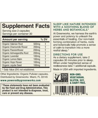 Greenworks Nature's Rest Melatonin-Free Sleep Aid Organic Herbal Blend with Ashwagandha Valerian Chamomile & Passionflower Non-Habit Forming Vegan Capsules for Restful Sleep 60 Count - Buy Online on GoSupps.com