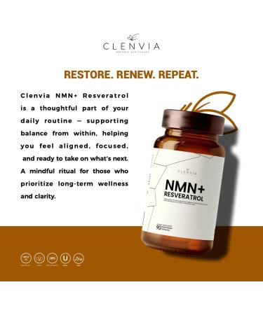 CLENVIA Premium NMN Supplement with Resveratrol High Potency NAD+ Support Formula 99.7% Purity Third-Party Tested Made in USA 500mg Nicotinamide + 100mg Resveratrol 90 Capsules - Buy Online on GoSupps.com