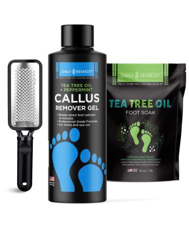 Daily Remedy Tea Tree Oil Foot Soak, Callus Remover Gel & Foot File- Complete 3-In-1 Foot Care Set For Calluses, Cracked Heels, Dry Skin, Foot Odor, Athletes Foot- Soothes & Repairs Feet- Made In USA Gel + File + Soak Tea