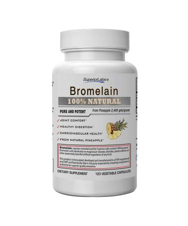 Superior Labs  Best Bromelain Non GMO Natural Supplement  Non-Synthetic  2,400 gdu/Gram  Supports Healthy Digestion & Inflammatory Responses, Bruises, Immune  Extra Strength  500 mg, 120 VCaps