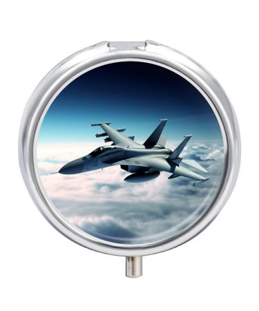 Round Pill Box Aircraft Fighter Jets Print 3 Compartment Medicine Pill Case Print Pill Organizer Decorative Metal Portable Pill Box Pocket Pill Box Style
