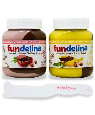 One 13 oz Jar of Strawberry & Chocolate-Hazelnut and One 13 oz Jar of Banana & Chocolate-Hazelnut Fundelina Spread with One WYKED YUMMY Spreader Plastic Knife and Jar Scraper Bundle