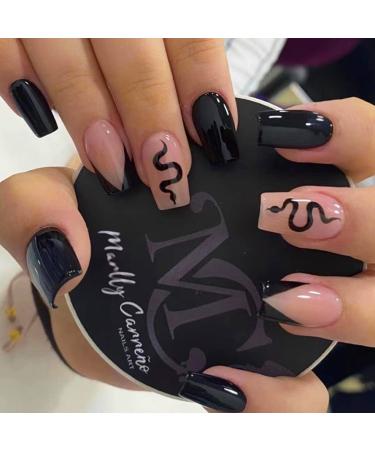 24Pcs Black Press on Nails Short Square False Nails Snake Design Glossy Stick on Nails Daily Wear Artificial Full Cover Fake Nails for Nail Art Manicure Decoration Style 8