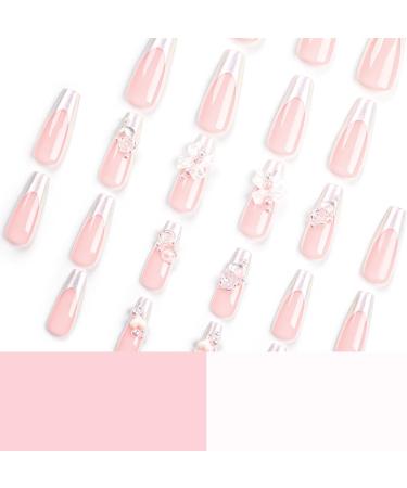 French Tip Press on Nails - Long Press On Nails with Nail Tips Pink flower bowknot Design pearl love heart false nails press on nails Acrylic False Nails Cute Artificial Nails - Buy Online on GoSupps.com