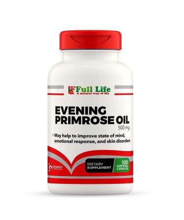 Full Life Evening Primrose Oil - Healthy Immune System - Supporting Vascular System - GLA for Skin - 100 Softgel Capsules Serving 100 Days 500mg.