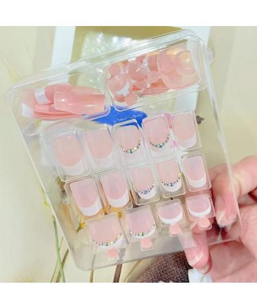 48Pcs French Press On Short False Nails with Glue - Nude & White Acrylic Toenails with Rhinestone, Exquisite Design for Women - Style 2 - Buy Online on GoSupps.com