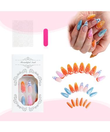 Buy 24 Pcs 3D Fruits Press on Nails - SHANRUN Summer Almond Nail Art Tips | Full Cover Acrylic False Nails with Orange Ocean Design - Buy Online on GoSupps.com