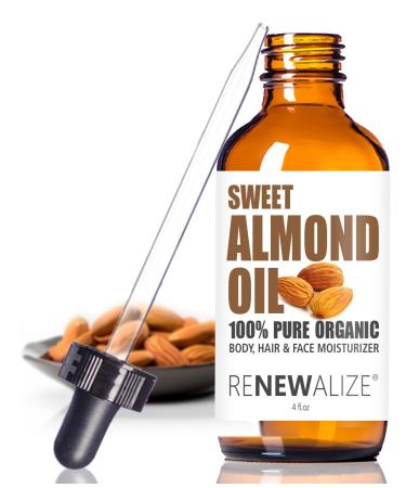 Organic Sweet Almond Oil MOISTURIZER - in 4 oz Glass Bottle with Dropper | Unrefined Cold Pressed Skincare Lotion | Essential Natural Personal Massage Oils for The Skin and Body