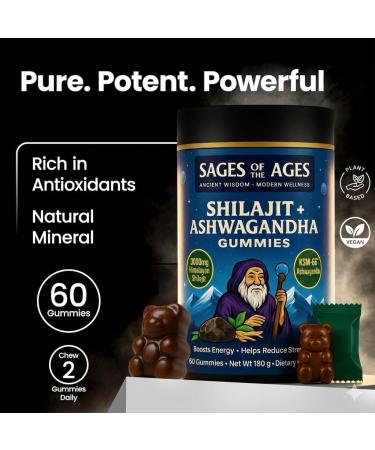 Sages Of The Ages Pure Himalayan Shilajit Gummies 3000 mg with KSM-66 Ashwagandha Ginseng & Mucuna Pruriens 78% Fulvic Acid & 85 Trace Minerals Energy Stamina & Wellness Support 60 Gummies - Buy Online on GoSupps.com