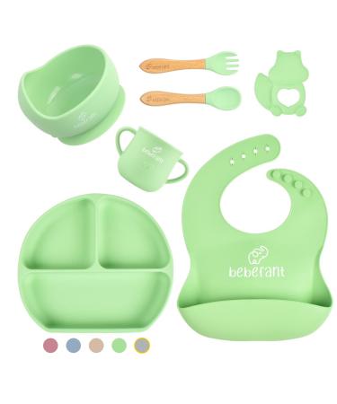 Baby Essentials by Bebefant Silicone Baby Weaning Set Suction Bowl Suction Plate Baby Cup Adjustable Bib with Pocket Bamboo Cutlery for Baby Led Weaning 6 Piece Baby Feeding Set (Green) Light Green