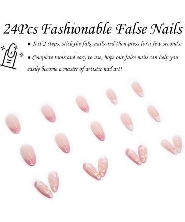 Almond Fake Nails Short 24Pcs White French False Nails with Flower Designs - Nail Art Pink Set for Women - Includes Nail Glue - Press On Nails for Girls - Buy Online on GoSupps.com
