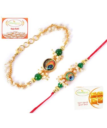 Ghasitaram Gifts Rakhis Online - Rakhi for Brother-RT-M-Pankh Bhaiya Bhabhi Rakhi with 200 GMS of Besan Barfi and 200 GMS of Kaju Katli Rakhi Set with 200 gms of Besan Barfi & Kaju Katli