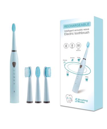 Rechargeable Electric Sonic Toothbrush for Adults Teens with 5 Modes 2 Mins Timer and 4 Duponts Toothbrush Heads 4 Hours Charge Last 30 Days Blue